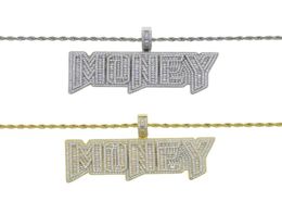 Chains Iced Out Bling 5A CZ Paved Gold Colour Letter Money Pendant Necklace With Long Rope Chain Hip Hop Dollar Men Boy Jewel8470521