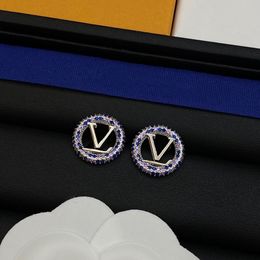 Luxury Stud Earrings Full Blue Diamonds Hollow V Letter High Quality Brass Original Branded Earring For Women Party Gifts Wholesale