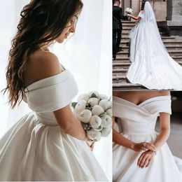 Stunningbride 2024 Grace Princess White Wedding Dresses Satin Vintage Lace Up Back Off The Shoulder Simple Long Train Bridal Gowns