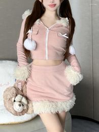 Work Dresses Winter Pink Japanese Kawaii 2 Piece Set Women Korean Style Casual Y2k Skirt Suit Female Bow Hooded Coat Sweet Mini 2023