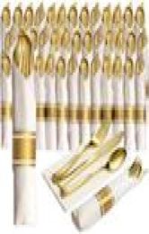 40 Pieces of PreRolled Golden Plastic Silverware Disposable Cutlery and Napkin Suitable for 10 People Dinner Party Wedding1877555