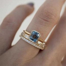 3pcs Acid Blue Crystal Rings for Women Fashion Yellow Gold Colour Wedding Women's Ring Luxury Brand Jewellery Gifts Accessories 267l