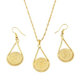 Gold Color Coin Money Sign Pendant with Earring Set Muslim Jewelry257F