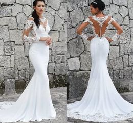 White Mermaid Long Sleeves Wedding Dresses Sheer O-neck Back Buttons Bridal Gowns Boho Garden Elegant Satin Robes de Mariee Sweep Train Modern Bride Vestidos CL3128