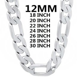 Chains Solid 925 Sterling Silver Necklace For Men Classic 12MM Cuban Chain 18-30 Inches Charm High Quality Fashion Jewelry Wedding269W