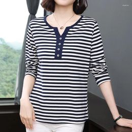 Women's T Shirts Button V-Neck Shirt Women Cotton Striped T-Shirts Long Sleeve Tops Autumn Korean Style Casual Woman Clothes Tee Femme