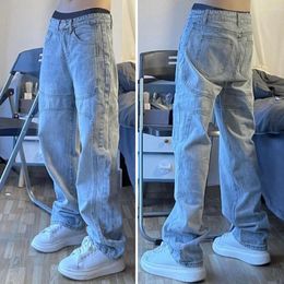Men's Jeans Men Pants Solid Colour Wide Leg Loose Patchwork Mid Waist Full Length Soft Breathable Pockets Zipper Button Closure Long Trou