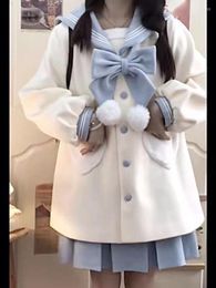 Women's Jackets Navy Collar Japanese Lolita Kawaii Women Bow College Style Sweet Coat Female Long Sleeve Korean Warm Winter 2024