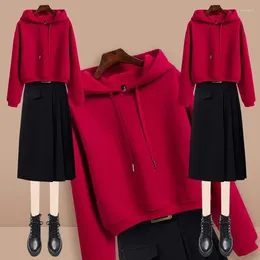 Work Dresses Spring Autumn Elegant Suit Women's 2023 Fashion Red Hooded Long Sleeve Sweater High Waist Slim Half Skirt Two Piece Set