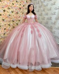Pink Gillter Princess Quinceanera Dresses Off Shoulder Boning Corset Applique Chapel Train vestidos 15 quinceanera Prom