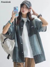 Women's Blouses Denim Shirts Women Summer Patchwork Vintage Japanese Style Half Sleeve Contrast Color Streetwear Hip Hop Couple Clothing