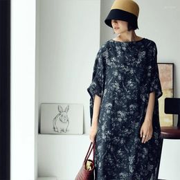 Party Dresses MICOCO Q0300C Literary And Western Retro Floral Loose Crew Neck Long Light Linen Dress