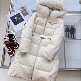 "Stylish and Warm Designer Women's Goose Down Jacket - Mid Length Version with Windproof Belt Waist - Perfect for Winter"