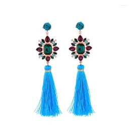 Dangle Earrings Crystal Resin Flower Blue Long Fringe Tassel Ethnic Chunky Pending Boho Women Fashion Brincos