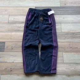Men's Pants 2024ss Spring Drawstring Leg AWGE Trousers Sweatpants Polar Fleece Men Women Purple Stripe Embroidered Needles Butterfly