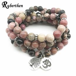 Ruberthen 2018 Natural Black Vein Rhodonite Bracelet Tree Of Life Ohm Charm Healing Beaded For Women J190722178V