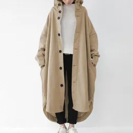 Women's Trench Coats Women Winter Coat Hooded Single-breasted Irregular Hem Ankle Length Pockets Solid Colour Lady Outdoor