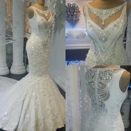 Luxo strass cristais vestido de casamento 2024 3d flores rendas appliqued sereia vestidos de noiva árabe dubai vestidos de novia