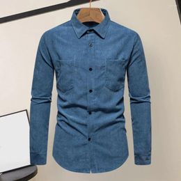 Men's Casual Shirts Autumn Corduroy Shirt Collection Retro Solid Color Lapel Slim Fit Long Sleeve Dress For Spring