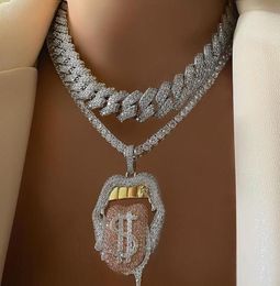 Hip Hop Drip Dollar Lip Necklace Jewellery Iced Out Bling CZ Cubic Zirconia Tongue Pendant Tennis Chain Holloween Gift6266071