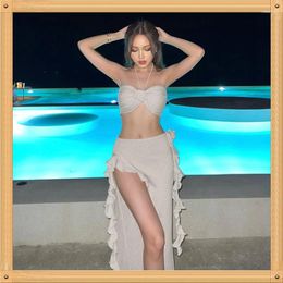 Women's Swimwear Bath Exits Women Summer Clothes 2023 Cover Up Flowers Strapless Tops With Sexy Open Skirt Bikini Suit By Sea