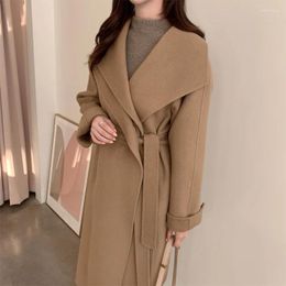 Women's Jackets South Korea Chic Niche Design Sense In The Long Strap Waist Woollen Coat Female