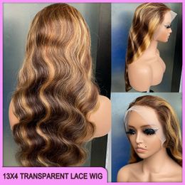 Hot Sale Malaysian Peruvian Indian Brazilian P4/27 Piano Color Body Wave 13x4 Transparent Lace Frontal Wig 18-26 Inch 100% Raw Virgin Remy Human Hair