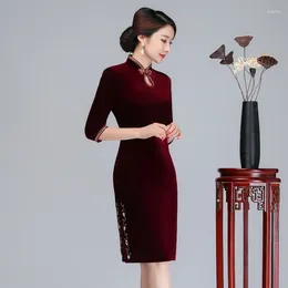 Ethnic Clothing Large Size Female Qipao Autumn Winter Velvet Half Sleeve Cheongsam Chinese Style Classic Mandarin Collar Dress Sexy Vestidos