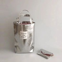 Y2K Vintage Korean Top Handle Bucket Bag Silver Purse Aesthetic Luxury Wallet Crossbody Handbags Shoulder Mini Tote Bags Women 231228