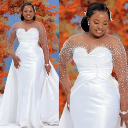 Плюс размер иллюзия труба свадебные платья невеста Русалка прозрачная шея с длинными рукавами из бисера свадебных платье для африканского брака с съемным поездом CDW182