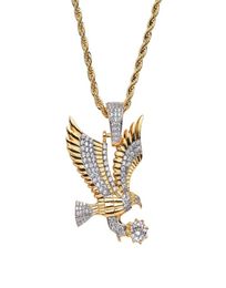 hip hop Eagle diamonds pendant necklaces for men western copper zircon luxury necklace real gold plated 3mm 60cm Stainless steel t1064309