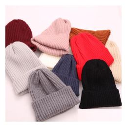 Caps Hats Uni Fashion Knitted Cap Autumn Winter Men Cotton Warm Hat Sklies Brand Heavy Hair Ball Twist Beanies Solid Colour Hip-Hop Woo Dh3Hi