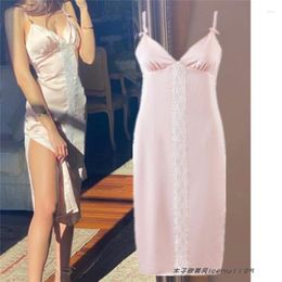 Casual Dresses INS Bloggers Same Style French Gentle Lace Sling Dress V Neck Elegant Silk Sexy Side Split