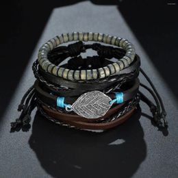 Charm Bracelets MeMolissa 3/4Pcs/ Set Braided Leather Bracelet For Men Vintage Leaf Wood Beaded Fashion Male Bangle Wristband