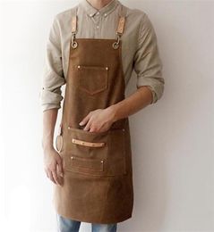 BBQ Canvas Apron Bib Leather Chef Kitchen For Women Men Barista Bartender Pockets Home Barber Cook Coffee Restaurant LJ2008156799991