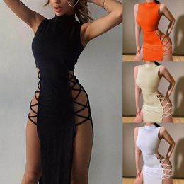 Casual Dresses Elegant Long For Women Summer Black Hollowed Out Side Slit Maxi Dress Sexy Bodycon Evening Party Club Vestidos