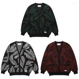 Men's Sweaters WACKO MARIA Knitwear High Quality 1:1 Autumn Winter Heavy Fabric Leaves Jacquard Mens Womens Sweater Cardigan With Tags