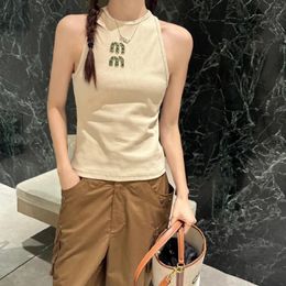 Women's Tanks 2024 Spring/Summer Arrival Green Crystal Embellished Ribbed Knit Tank Top For Women - Slim Fit Sleeveless Shirt High-End D