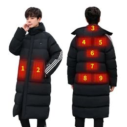 Winter USB Heating Long Jacket Men And Women Parka 9 Or 11 AREAS Electrothermal Cotton Coat Windproof Waterproof Windbreaker 231228