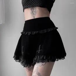 Skirts Black Flannel & Lace Trim Fashion High Waist A Line Mini Skirt Y2k Gothic Clothes Streetwear Harajuku Lolita For Woman