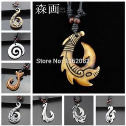 SENHUA Hawaiian Style Men Women's Imitation Bone Carving NZ Maori Fish Hook Charm NecklaceFishhook Pendant Gift MN258298Y