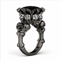 Brand Punk Jewellery Skull 10KT Black Gold Filled Demon Princess 5CT Black Sapphire Cocktail Wedding Bands Ring for Women Men278F