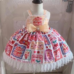 Girl Dresses Baby Summer Vintage Spanish Sweet Bow Stap Printed Lolita Dress Kids Lace Stitching Turkey Birthday Party Ball Gown