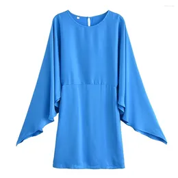 Casual Dresses European And American Style French Niche Chic Open Design Blue Round Neck Waist Slim Long Sleeve Dress