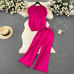 Women's Two Piece Pants Casual Knitted Suit Female French Style Gentle Loose Sleeveless T-shirt Shirt Elastic Waist Drape High Wide Leg