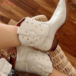 Boots IPPEUM Cowboy For Women White Leather Ankle Short Botas Femininas Tendencia 2023 Texana Country Western Cowgirl Shoes