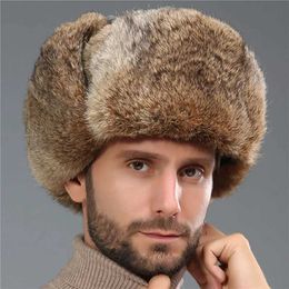 Rabbit Fur Hat Winter Thickened Warmth and Cold Proof Outdoor Cotton Ear Cap Earflap Men Snow Caps 230920