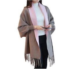 2017 Winter Women039s Warm Artificial Cashmere Tassel Poncho With Batwing Sleeve Solid Knitted Oversize Shawl Cardigans6153355