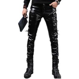 Idopy Men's Pleather Pants Punk Style Skinny Lace Up Party Stage Performance Night Club Steampunk Faux PU Leather Trousers 231229