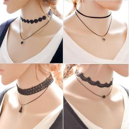 Fashion Sexy Clavicle Strap Collars Choker Bead Tassel Clover Pendant Necklace Vintage Black Lace Velvet Leather Cord Clavicle Cha214r